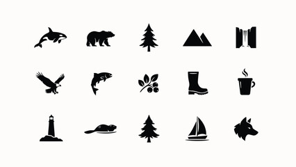 Obraz premium Minimalist black silhouette icons of wildlife nature and adventure elements arranged in a clean grid layout for branding