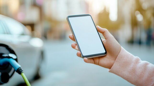 Image A hand holding a smartphone with a blank white screen. In the background (out of focusbokeh), an electric vehicle (EV) is being charged with a blue charging cable. The setting is