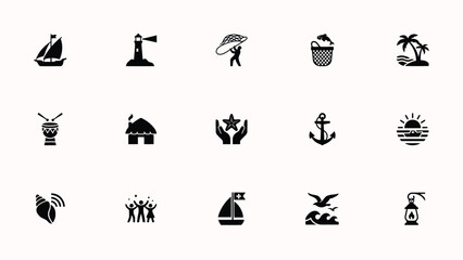 Minimalist black and white icon set showcasing diverse vacation and travel themed symbols for branding © Shovon