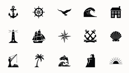 Vintage nautical themed icons collection featuring anchors ships lighthouses and coastal elements for travel branding © Shovon