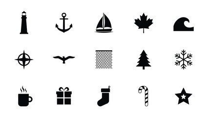 Minimalist flat icons collection showcasing seasonal and nautical themes in sleek black © Shovon