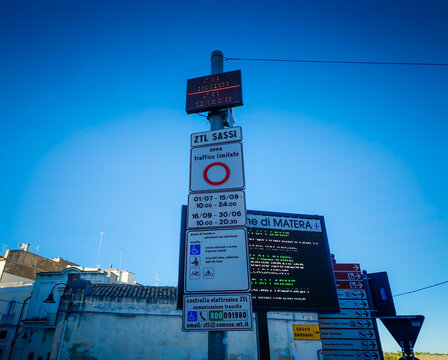 06 15 2026 - Matera, Italy. ZTL traffic restriction signs prohibiting vehicle access to Sassi historic area, Matera old town restricted zone, limited traffic zone, UNESCO heritage city regulation