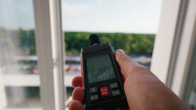 A person holds a digital sound level meter displaying 49.8 decibels near an open window. The device measures ambient noise against a blurred green forest background in daylight.