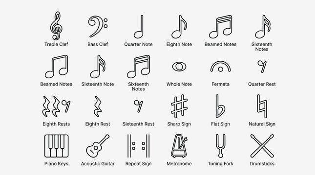 Musical notation icons featuring treble clef bass clef quarter note eighth note beamed notes sixteenth notes rests whole note fermata sharp flat natural signs.