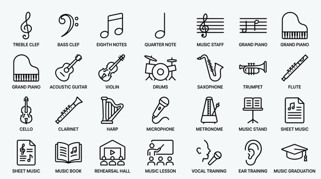 Orchestra and music education icons including treble clef eighth notes grand piano guitar violin drums saxophone trumpet flute cello clarinet harp microphone.