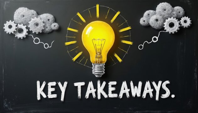 Glowing light bulb with gears on blackboard. Text reads KEY TAKEAWAYS. Symbolizes ideas learning and innovation. Chalk drawing represents problem solving.
