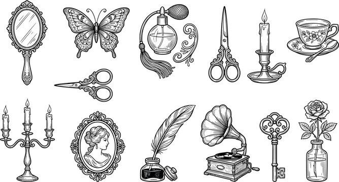 Vintage collection of antique items including mirror, butterfly, perfume, scissors, candle, gramophone, and key transparent background
