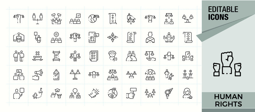 Human Rights line icon set. Support icon collection. Isolated icons. Contains such symbols as people, justice, man, right, support, law and more. Signs for web and mobile app.