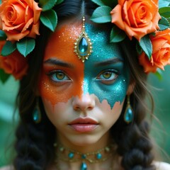Obraz premium Young woman with vibrant face paint wears floral crown. Orange, turquoise hues adorn skin creating fantasy look. Bright eyes gaze forward in roses, jewelry adds mystical touch. Artistic portrait