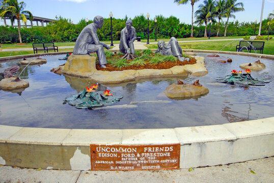 Uncommon Friends statue of Henry Ford Thomas Edison and Harvey Firestone in the Centennial Park downtown Ft Fort Myers Florida FL. 07.04.26