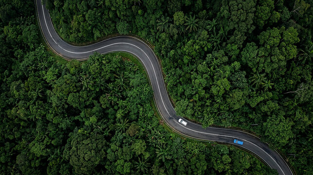 Aerial view of a winding asphalt road cutting through dense green tropical rainforest with landscape transportation adventure wilderness environment outdoors exploration countryside overhead