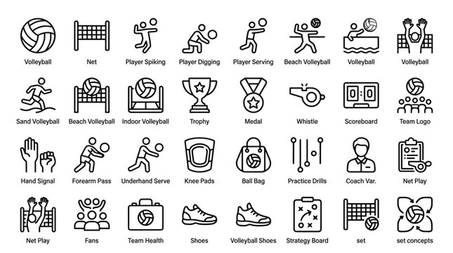 Volleyball sport icon set including ball net player spiking digging serving beach volleyball trophy medal whistle scoreboard team logo hand signal knee pads.