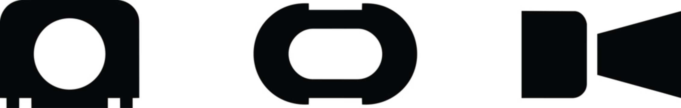 Minimalist black solid vector icons featuring a digital projector, a horizontal chain link connector, and a movie video camera and button and cinema