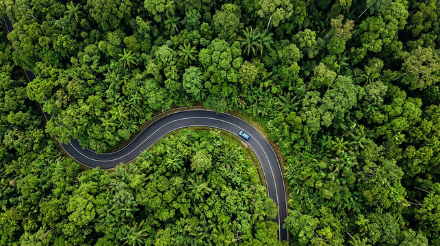 Aerial view of curvy asphalt road winding through dense green rainforest with landscape woodland environment tropical wilderness transportation vegetation destination traveling perspective