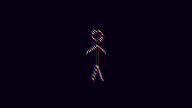 Neon stick figure walking animation with rgb glitch effect on dark 4k background