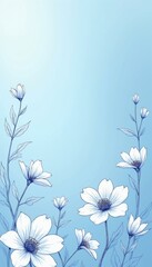 Fototapeta premium Delicate line art white flowers bloom on a soft light blue background. Minimalist visual illustration style conveys purity and freshness, suitable for spa and beauty themes.