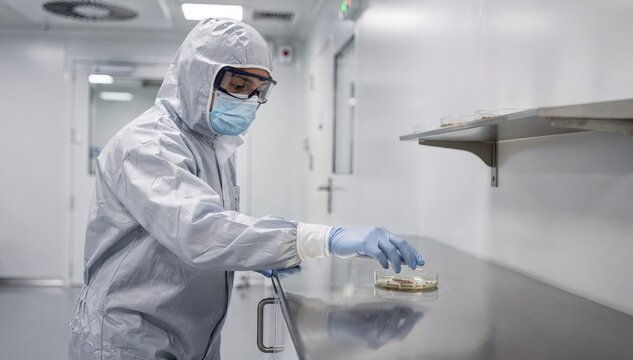 Scientist placing settle plates on cleanroom surfaces to collect microbial samples maintaining strict contamination control standards.