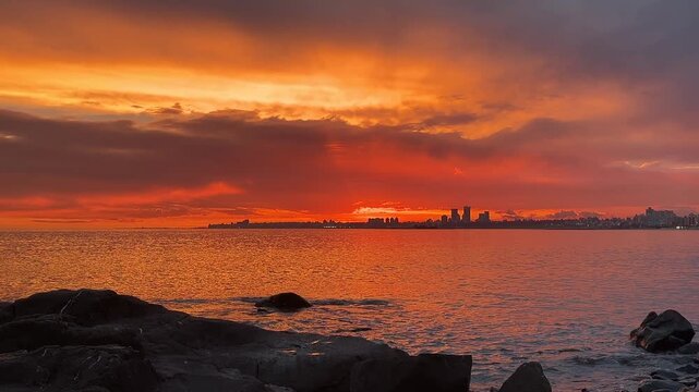 Cinematic Sunset Reveal Over Montevideo Rambla Coastline with Rocks and City Skyline, Uruguay 4K UHD footage of a smooth cinematic camera reveal shot from coastal rocks to a breathtaking orange and go