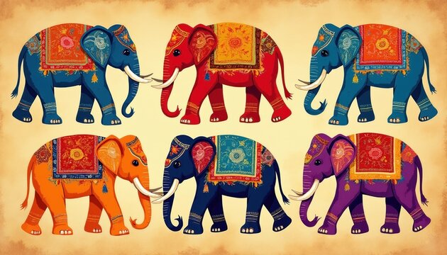 Six vibrantly colored elephants adorned in decorative Indian patterns walk across textured beige background. Elephants wear ornamental blankets, showcasing cultural art and tradition.