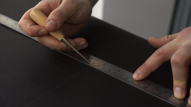 Leatherworker using an awl and a metal ruler for scratching a line on a black piece of leather to make a pattern