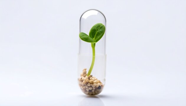 Sprouting plant inside a clear medicine capsule
