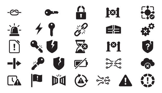 Collection of technical fault and system error graphic icons with security