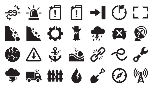 Set of environmental and mechanical breakdown warning icons with breakdown