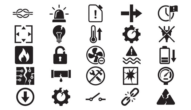 Technical system warning and machinery fault icons collection with machinery