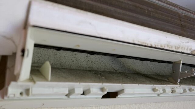 An opened wall air conditioner reveals a heavy accumulation of dangerous black mold and thick dust. Concept of indoor air pollution, respiratory health hazards, and routine HVAC maintenance.