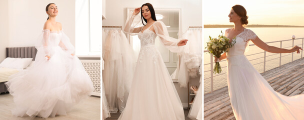 Luxury wedding dresses. Young beautiful brides, collection of portraits