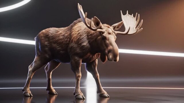 Moose performs a dance in a computer-generated environment with fur rendering and realistic movements