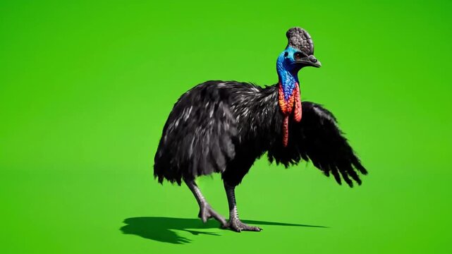 Cassowary dances in animated short with CG fur rendering and bright green background