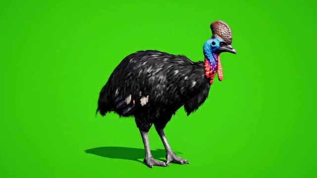 Cassowary dances with realistic fur rendering while walking and moving around in a green background environment