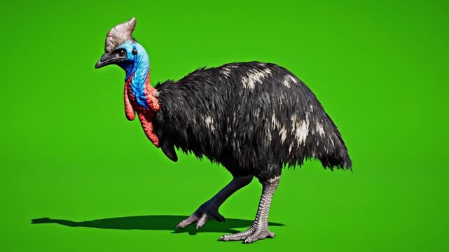 Cassowary showing unique dance movement in a computer-generated animation with realistic fur rendering