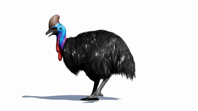 Cassowary dances with CG fur rendering in a playful display of movement and grace