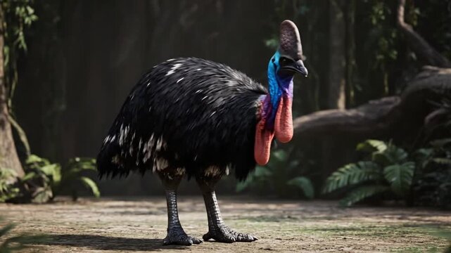 Cassowary dance in a forest with CG fur rendering and natural movements captured in an engaging performance