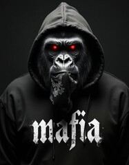 Naklejka premium Gorilla with glowing red eyes wears black hoodie with mafia print and bandana covering mouth. Powerful ape looks directly at camera, intimidating, mysterious, wild. Gangster style portrait.