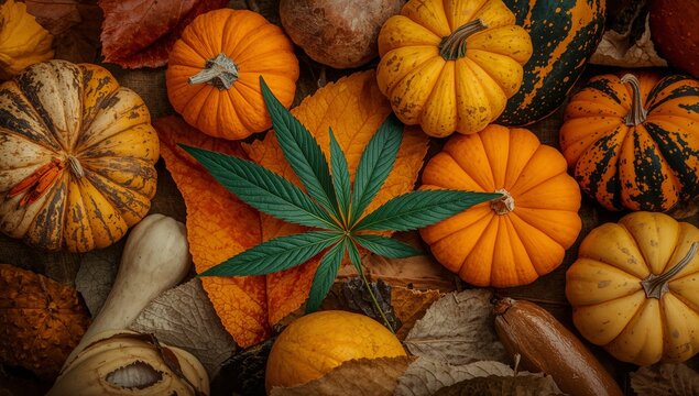 Assorted pumpkins in various shapes and sizes arranged with colorful autumn leaves and a cannabis leaf on a textured surface, creating a seasonal display