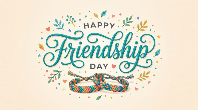 Happy friendship day wishes with colorful braided bracelets and leaves