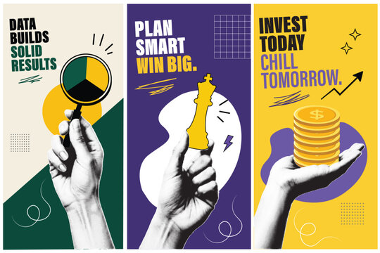 Halftone Pop Art Collage Set with Hands Holding Magnifying Glass, Chess Piece, and Coins. Data, Strategy, and Investment Concept. Retro Vintage Style