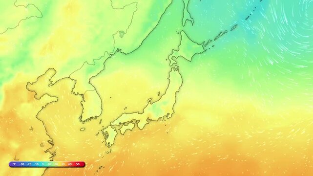 Japan Temperature Map with Wind Patterns in East Asia