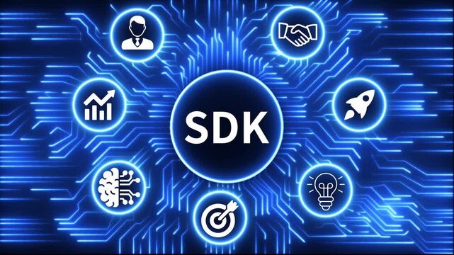 SDK icon surrounded by smaller icons for ai manufacturing strategy. A glowing neon, and manufacturing process management all connected in a digital circuit like pattern, 4k video 