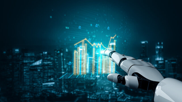 Futuristic Robotic Hand Interacting with Digital Graphs and Data in a Modern Cityscape Background Representing Technology and Innovation Trends. Entropy.
