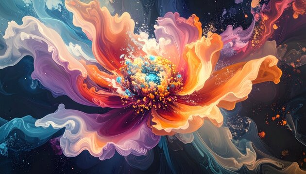 A vivid floral explosion of swirling colors, resembling petals and nebulous forms