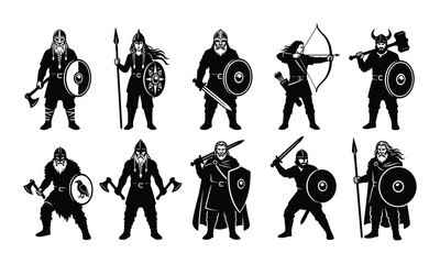 Set of ten stylized Viking warriors in black and white, featuring historic Scandinavian fighters, iconic weapons, shields, and traditional battle gear. © Farhana