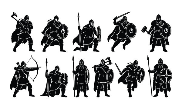 Set of Viking warriors in various battle poses, featuring axes, swords, shields, spears, bows, and helmets, isolated black silhouettes collection