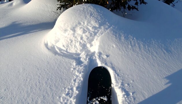 Snowboard sticking in the fresh snow after a run