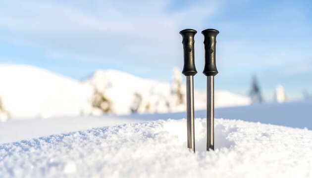 Ski Poles Plunged Deep in Fresh Snow Against a Bright Blue Sky
