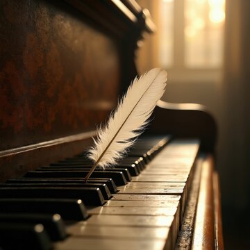White feather rests on piano keyboard. Soft light illuminates musical instrument keys. Elegant detail suggests classical music composition or writing inspiration.
