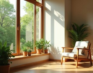Fototapeta premium Sunlit room with armchair and window view of rich green trees. Indoor plants on windowsill create peaceful nature atmosphere. Home interior design with natural light.